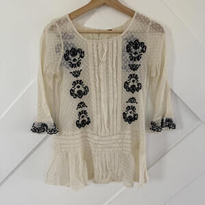 Free People Sheer Cream Lace Blouse with Black Embroidered Accents